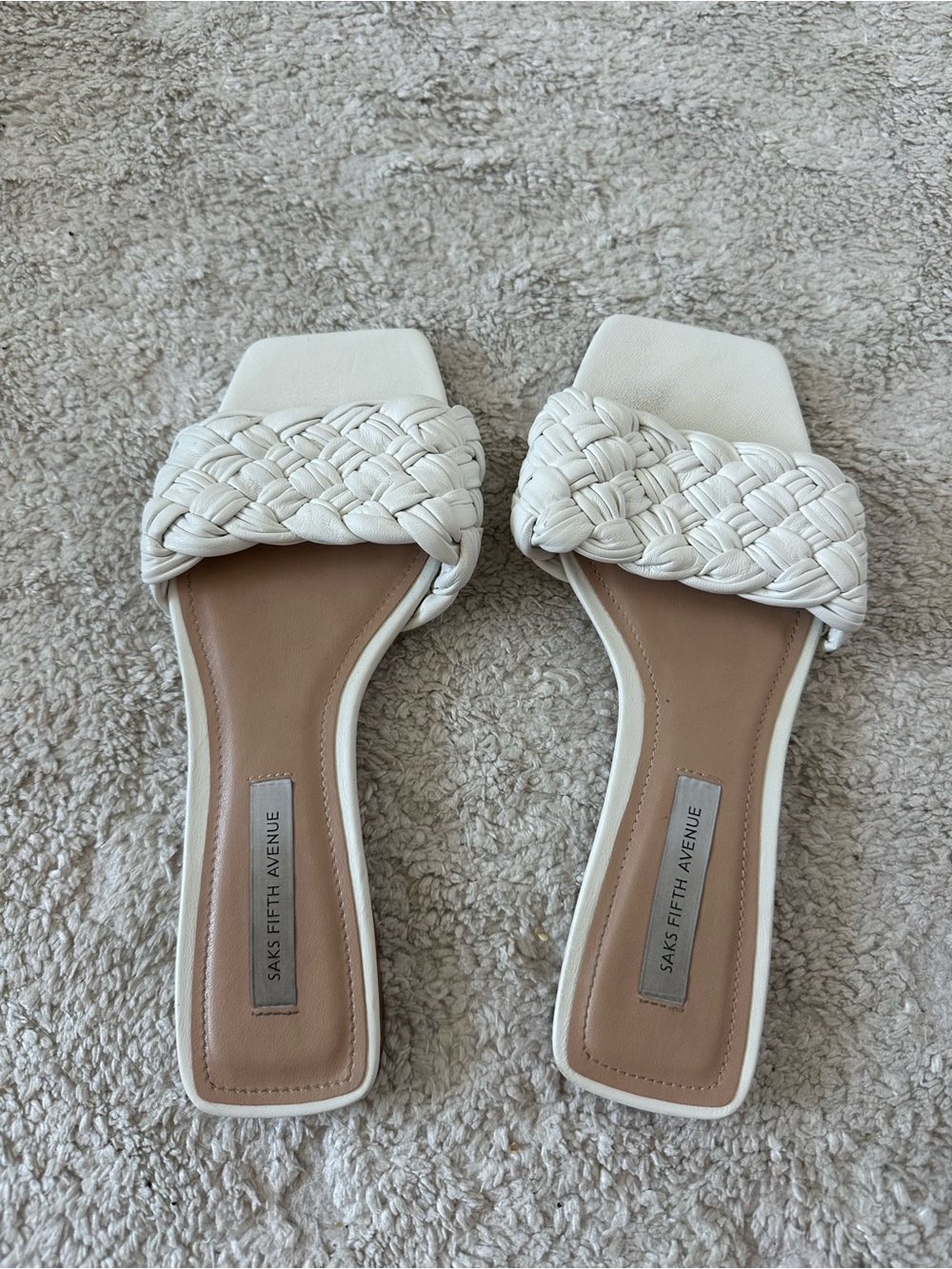 Saks Fifth Avenue Cream Braided Square-Toe Slide Sandals